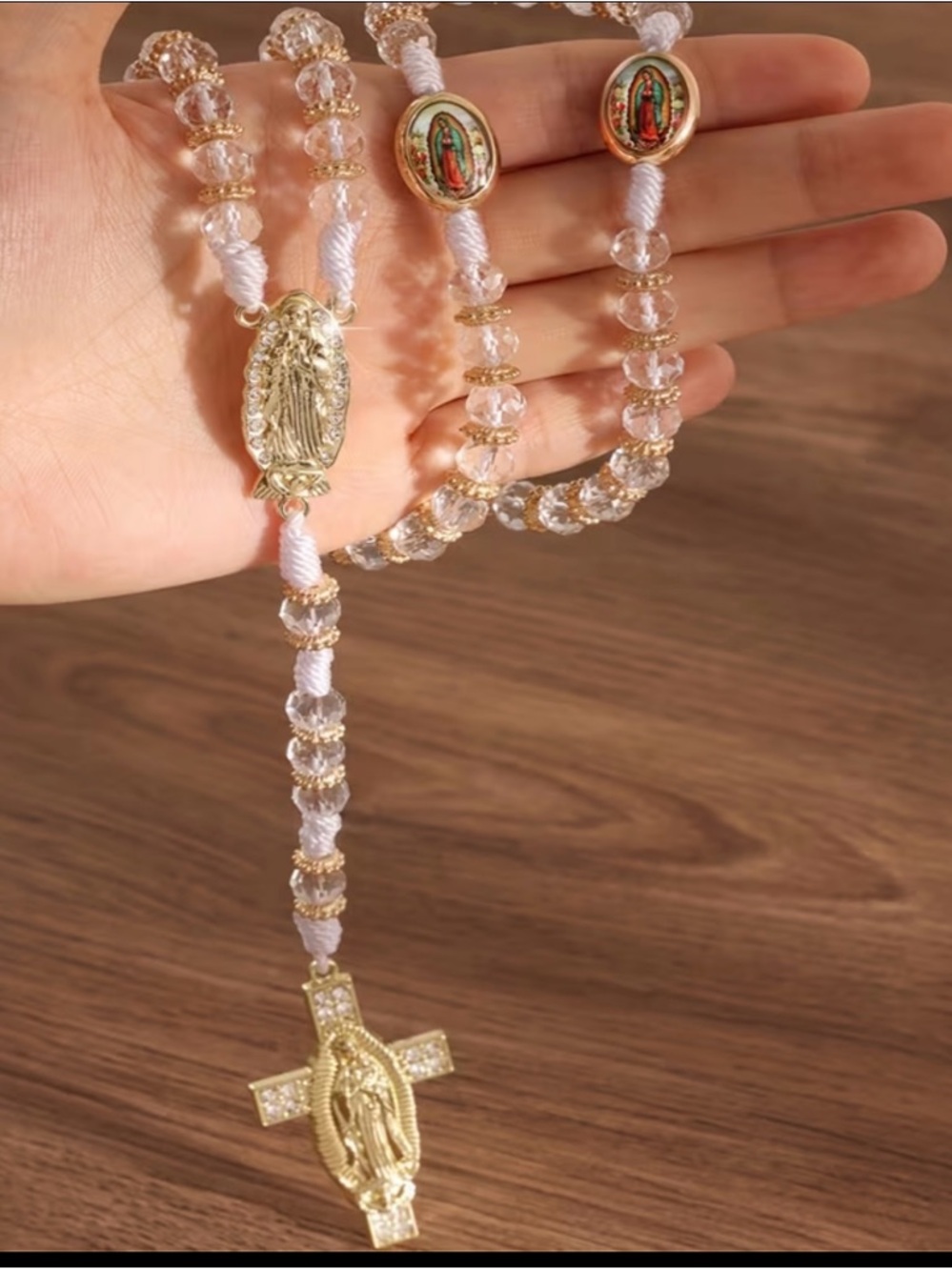 Delicate White and Gold Rosary Necklace - Religious Women Jewelry